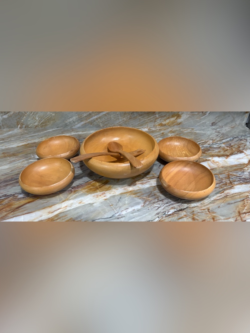Natural Wood Salad Bowl Set with Servers - Light Brown